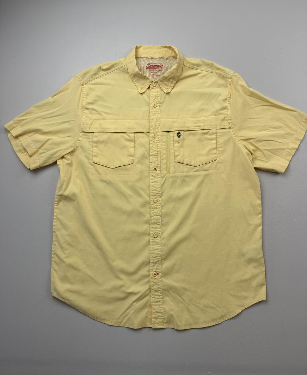 Coleman Shirt Mens XL Yellow Solid Short Sleeve Button Up Fishing Outdoor